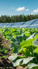 Growing fresh vegetables and fruits next to fields with solar panels, eco generation