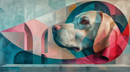 Abstract mosaic wallpaper with Labrador dog.