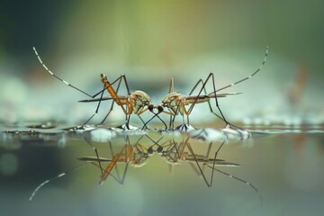 Mosquitoes standing on water puddle, suitable for nature themes