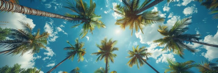 Tropical Palm Canopy Under Blue Sky
