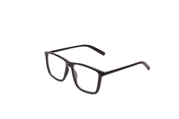 Stylish black plastic eyeglasses with transparent background, perspective view