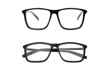 Stylish black plastic eyeglasses with transparent background, front view