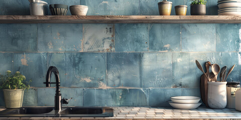 Kitchen counter with rustic blue tiling and vintage utensils