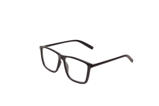 Stylish black plastic eyeglasses with transparent background, perspective view