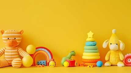 Baby kid toys on yellow background