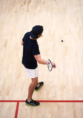 Man, squash player or top view of racket to hit ball in indoor court game for fitness, cardio...