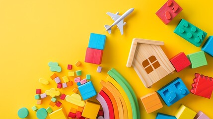 Baby kids toys background with wooden rainbow house train car plane pop it fidget toys and colorful blocks on yellow background