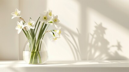 Narcissus flowers in a clear glass vase with soft shadows.