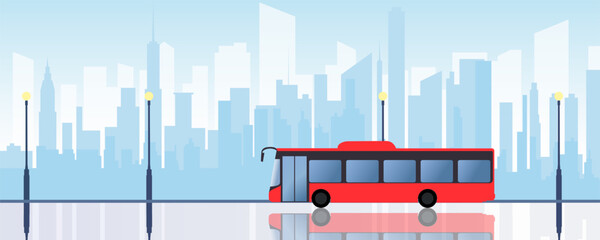 City bus against the backdrop of a cityscape with tall buildings, offices and skyscrapers. Cityscape with silhouettes of the metropolis. Bus travel. Urban transport.