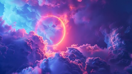 colorful neon ring glowing inside the stormy cloud on the blue sky
