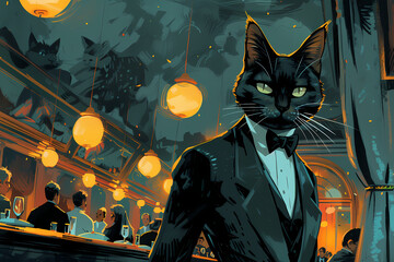 suave cat spy mingling at a glamorous gala