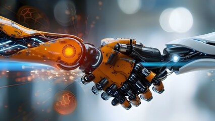 Robot arm shaking hands in a double exposure representing a successful AI industrial agreement. Concept AI Technology, Industrial Automation, Robotics, Success in Business, Future Innovations