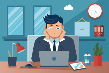 Tired sleepy male office worker stays late on workplace. Overload paperwork, meeting deadlines, report, overwhelmed by work young businessman illustration.