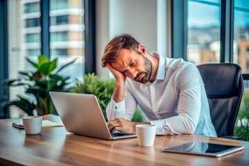 Tired sleepy male office worker stays late on workplace. Overload paperwork, meeting deadlines, report, overwhelmed by work young businessman illustration.