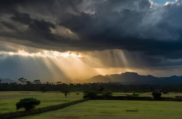 Rays of light shining through dark clouds It's goanna rain. generative ai