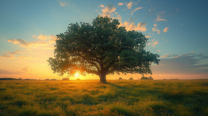 Beautiful oak tree in the middle of an open field at sunrise, with a beautiful sky and warm sunlight, captured with a wide angle lens in landscape photography at high resolution, high quality, and hig