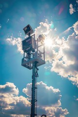 A camera mounted on a pole under a cloudy sky, suitable for surveillance or security concepts