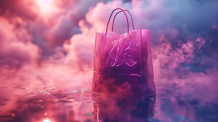An ethereal shopping bag design floating gracefully against a dreamy lavender background, invoking...