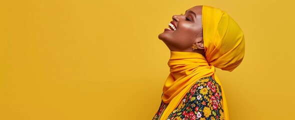 Joyful Fashion: Hijabi Model in Vibrant Dress and Silk Scarf Laughs Under the Light (Fashion Banner Ad)