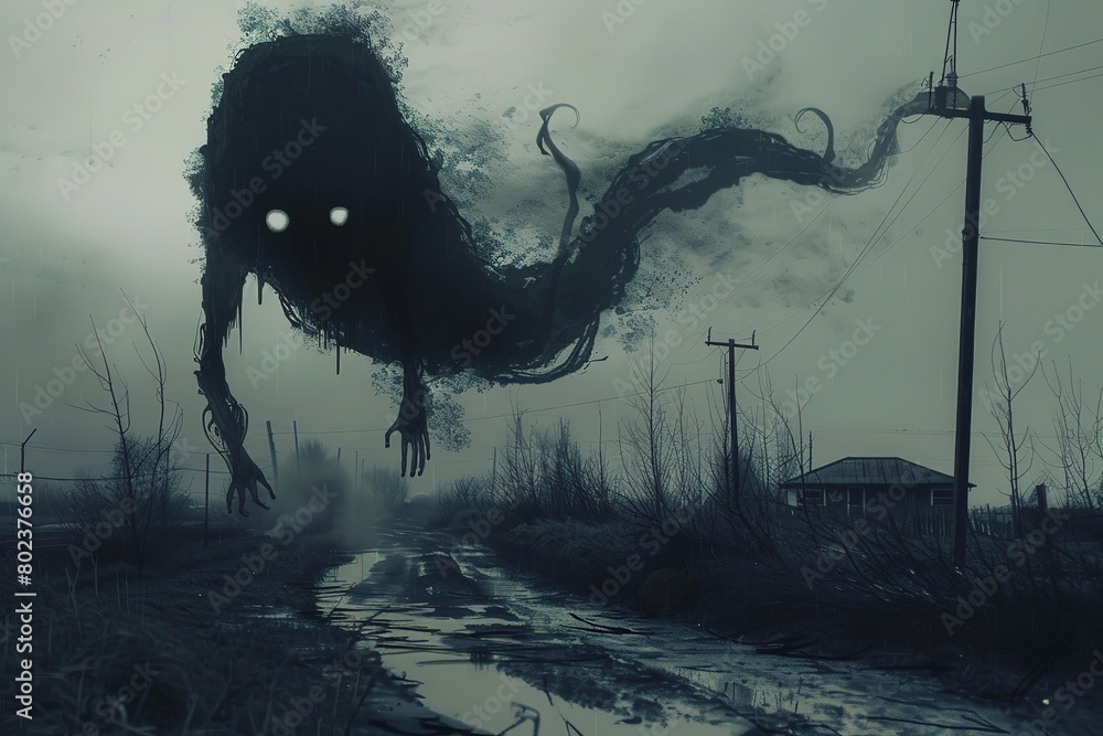 Poster a large alien in a big city in the fog.a large alien in a big city in the fog. 3d cg rendering of al