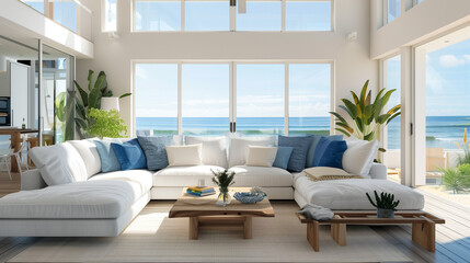 A bright and airy living room with large windows, a white sofa, blue pillows, a wooden coffee table, plants on the side of the window overlooking an ocean view, bright light, beach house interior desi