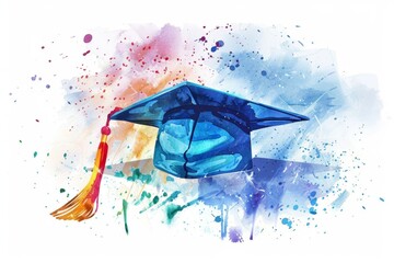 blue graduation cap with tassel on white background, watercolor Generative AI
