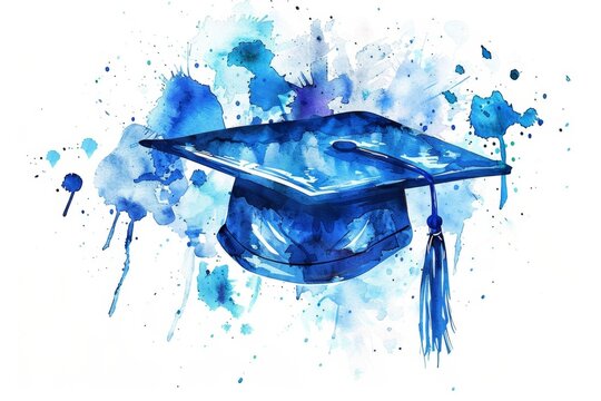 blue graduation cap watercolor illustration on white background Generative AI
