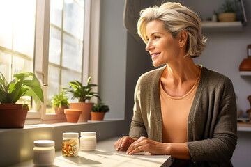 Smiling gray haired adult woman, 50 years old, preparing to take medication to improve menopause well-being from a pill bottle on the kitchen table. Concept for hormone therapy, healthcare in midlife