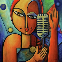 Retro cubist abstract portrait of a solo female singer with an expressionless ovoid face by a grungy old-fashioned microphone, waving with her left hand - obrazy, fototapety, plakaty