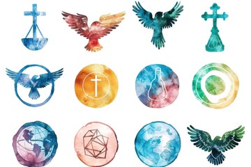 Watercolor religious symbols on a white background. Perfect for religious events or spiritual designs
