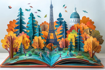 Open pop up book with people running in a park with Eiffel Tower on a background