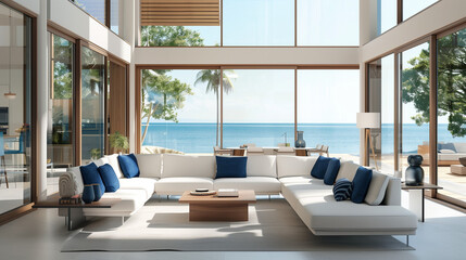 Fototapeta premium Photorealistic depiction of the living room interior, showcasing an elegant white sofa with blue accents in front of floor-to-ceiling windows overlooking water and trees. The open concept design creat