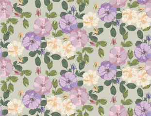 Pattern of flowers, buds and leaves of roses in vintage style	
