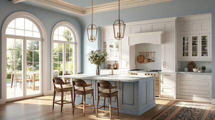 3d rendering of kitchen with white cabinets, light blue walls and arched windows. Kitchen island has marble countertop surrounded by barstools near sink. In the background is large window leading to o