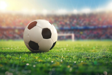 Soccer ball lying on grass at stadium blurred stadium background. AI Generative