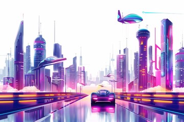 A vibrant city of the future adorned with neon lights and bustling with flying cars against a clear white backdrop.