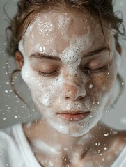 Fototapeta premium close up of a girl's face with foam cleanser on perfect skin
