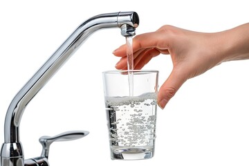Water Glass in Hand, Filling Glass With Tap Water From Faucet Closeup Isolated on White Background