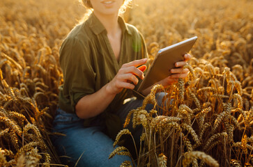 Digital tablet in the hands of a young farmer. Modern digital technologies. Agronomist at the farm....