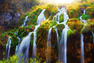 Water flows of amazing waterfall in Plitvice lakes