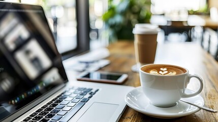 Modern office desk with laptop, coffee cup, and office supplies for productive work environment