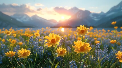 A field of yellow flowers sways gently in the breeze with a mountain backdrop.
