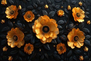  render, yellow poppy flowers with black leaves on dark background