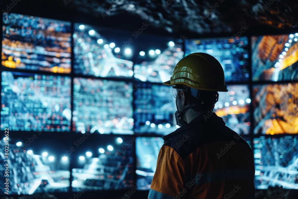 Poster a man wearing a hard hat in front of multiple monitors. suitable for construction or technology conc