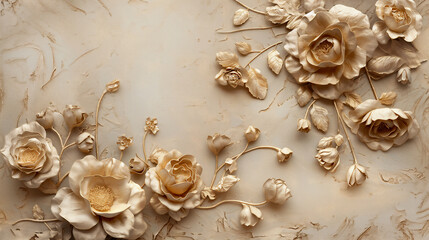 3D flower arrangement with gold elements on an old concrete wall 