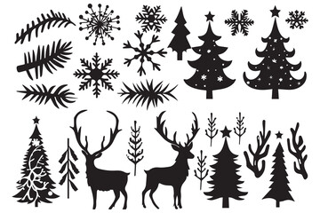 set of christmas element black silhouette vector