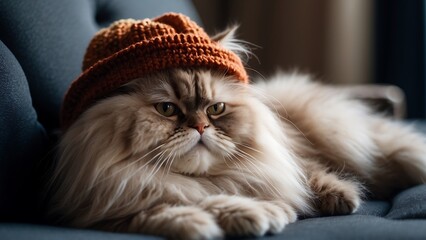 Cute persian cat wearing warm hat and scarf on sofa at home
