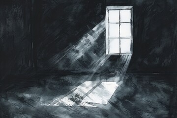 Black and white illustration of sun shining through window. Suitable for various design projects