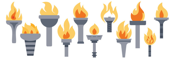 Collection of flame torches in flat style. Torch with flame icons set. Hand drawn vector art.