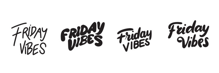 Collection of Friday Vibes phrases black color isolated. Hand drawn vector art.